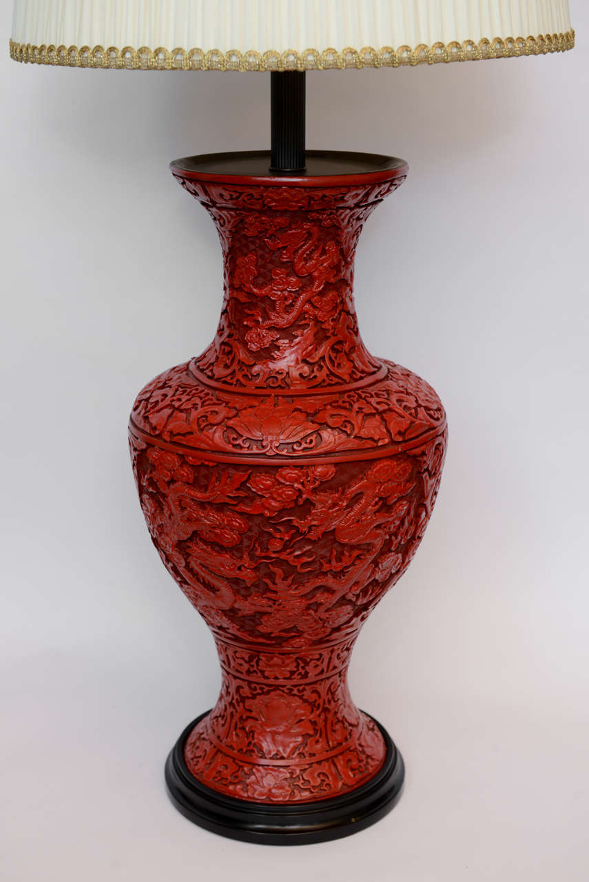 Chinese A Massive Pair Of Red Lacquered Cinnabar Lamps. 19th Century