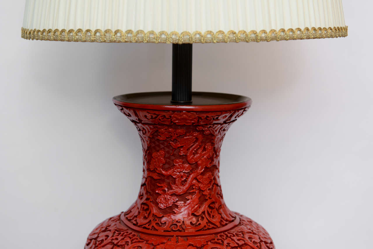 A Massive Pair Of Red Lacquered Cinnabar Lamps. 19th Century In Good Condition In Palm Beach, FL