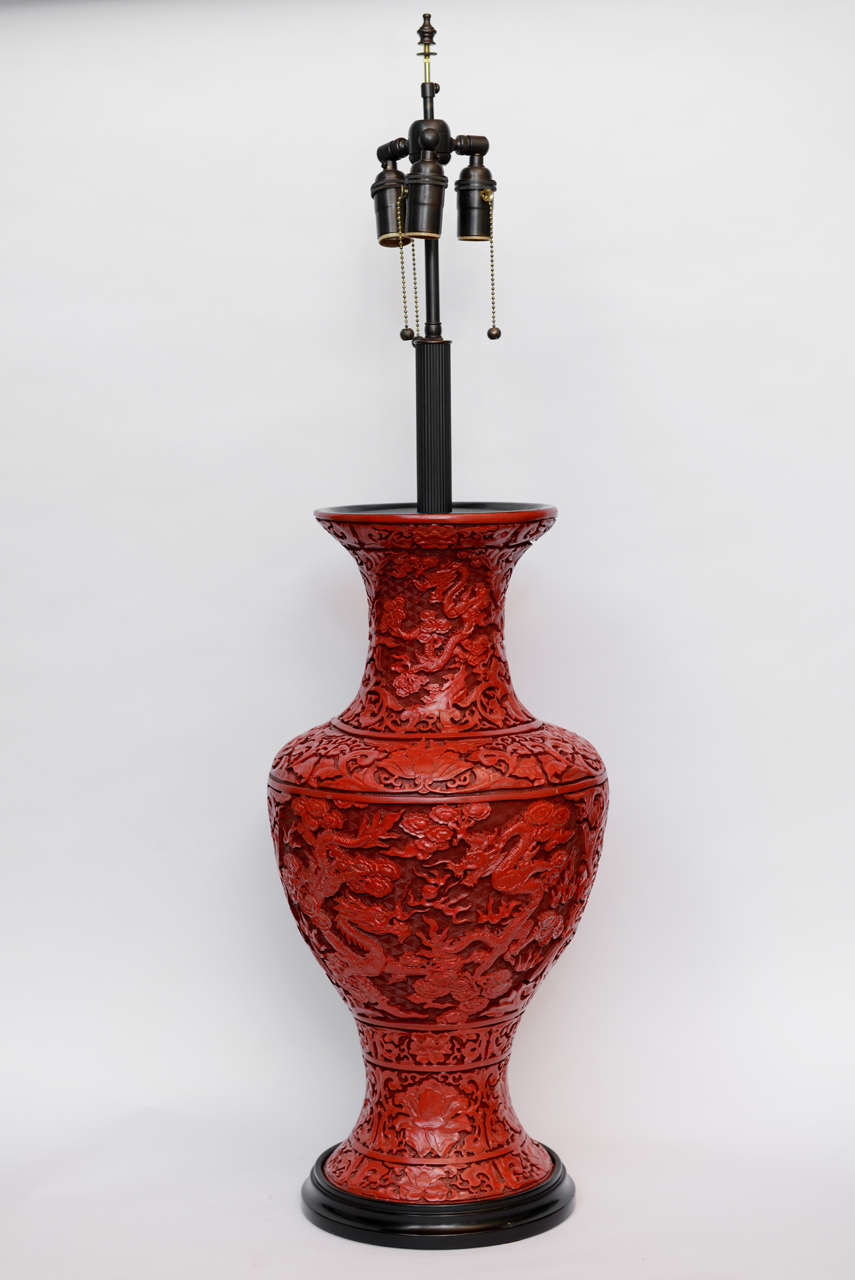 A Massive Pair Of Red Lacquered Cinnabar Lamps. 19th Century 1