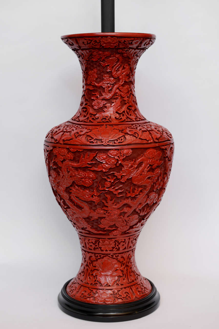 A Massive Pair Of Red Lacquered Cinnabar Lamps. 19th Century 2