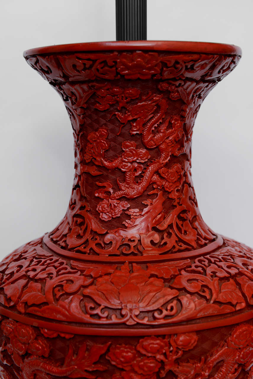 A Massive Pair Of Red Lacquered Cinnabar Lamps. 19th Century 4