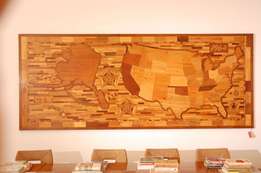 Very large midcentury marquetry map
