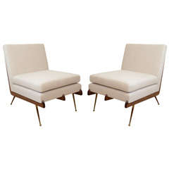 A Pair of American Angled L Shaped Wood Backed Slipper Chairs.