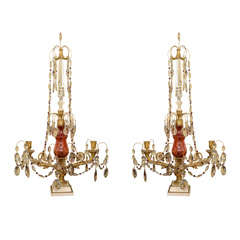 Pair of bronze girandoles with cranberry glass & clear crystals