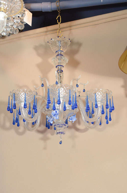 Cobalt blue & clear Murano 6-light chandelier with blue/white floral rosettes