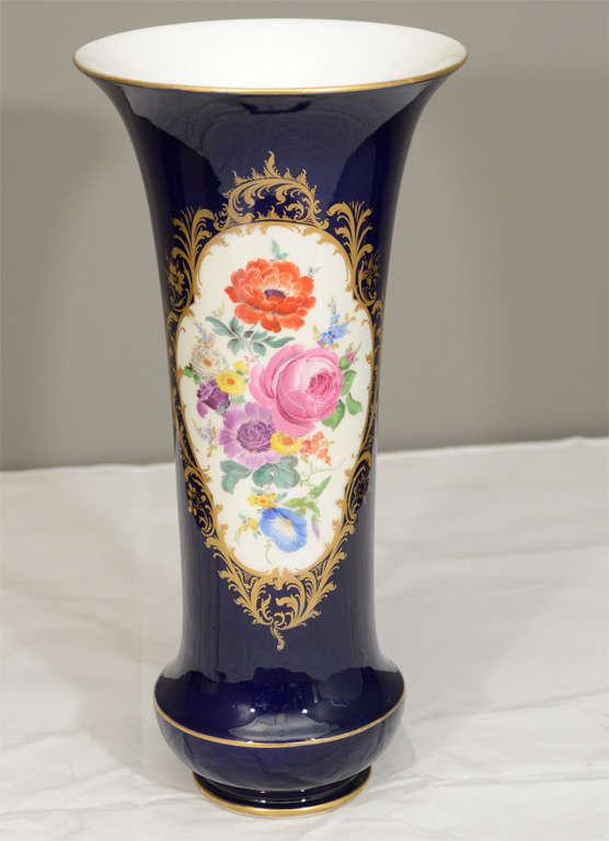 1940's tall Meissen Cobalt blue and handpainted vase