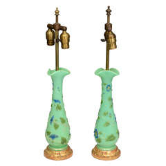 Antique Pair of Green Opaline Lamps