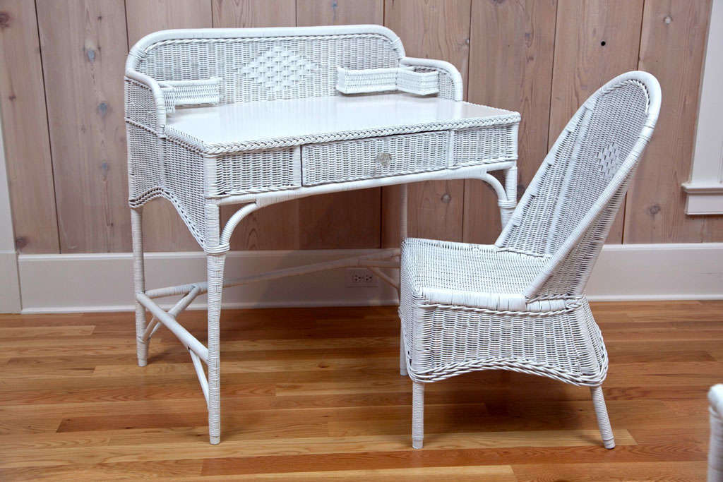 Beautiful matching deco Wicker desk and chair in tightly woven reed. Matches separately listed sofa and chairs.