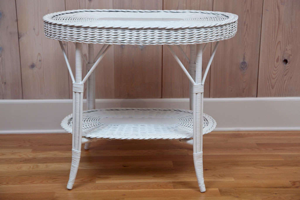 Reed Oblong Wicker Table with Woven Lower Shelf For Sale