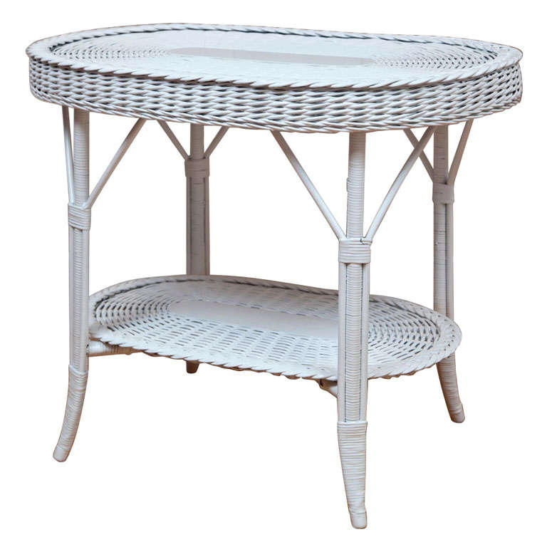 Oblong Wicker Table with Woven Lower Shelf For Sale