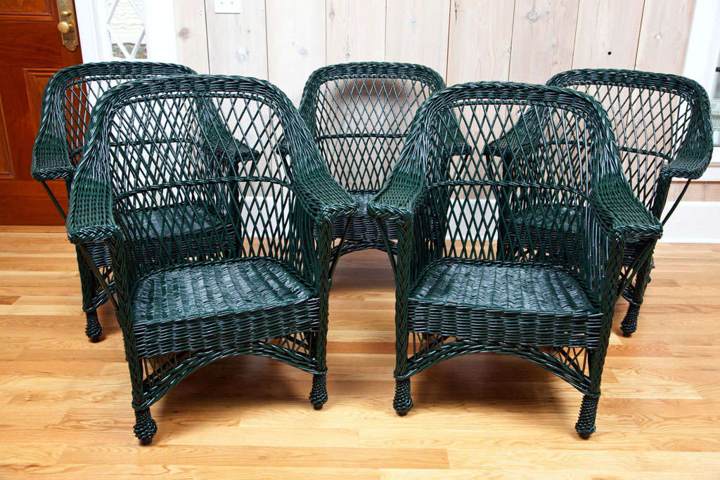 Antique Bar Harbor Wicker Chairs At 1stdibs Three Matching Bar Harbor Wicker Chairs With Woven Seats In Dark Green Paint Dimensions 34 5