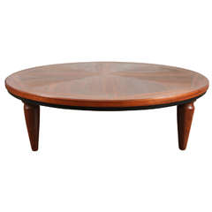 Large Round Walnut Mid-Century Coffee Table with Sculpted Legs and Inlay
