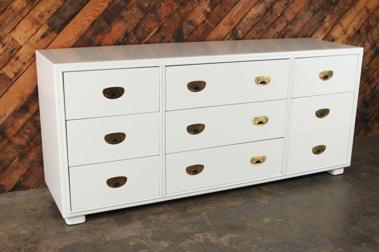 Wood Hollywood Regency White Lacquer Dresser with Brass Hardware