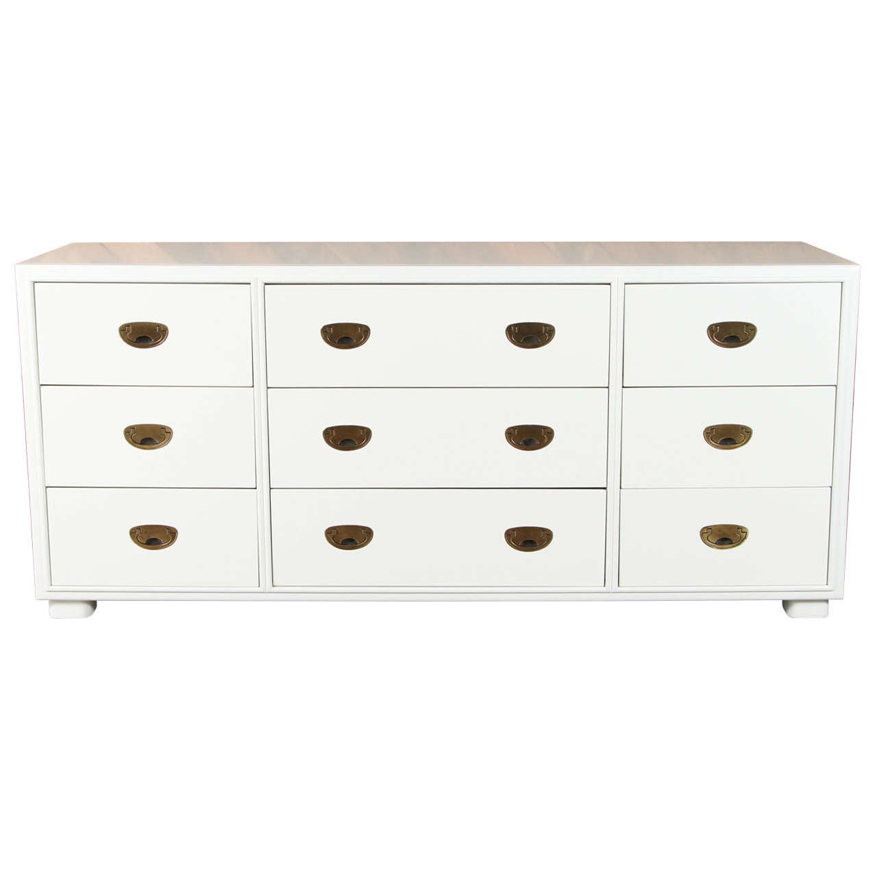 Hollywood Regency White Lacquer Dresser with Brass Hardware