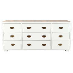 Hollywood Regency White Lacquer Dresser with Brass Hardware