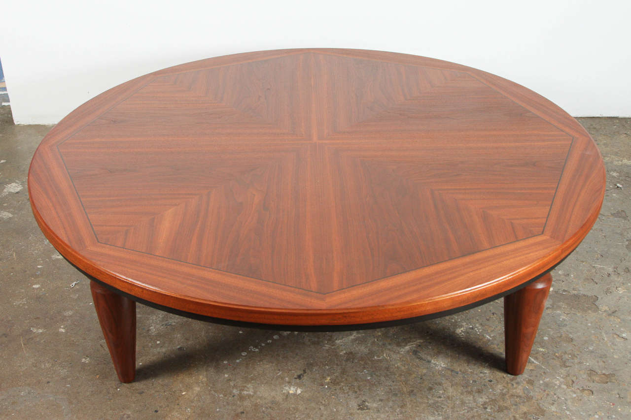 Large Round Walnut MidCentury Coffee Table with Sculpted Legs and Inlay at 1stDibs