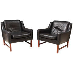 Pair of Black Leather Club Chairs by Borge Mogensen