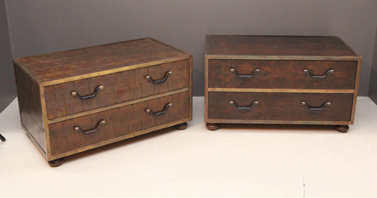 Pair of rare Sarreid chests with scribed walnut veneer.