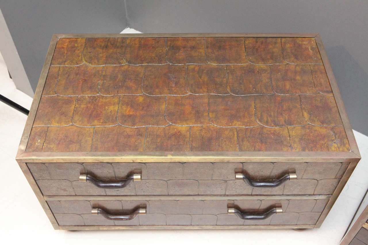 Pair of Rare Sarreid Chests with Scribed Walnut Veneer In Excellent Condition In Los Angeles, CA