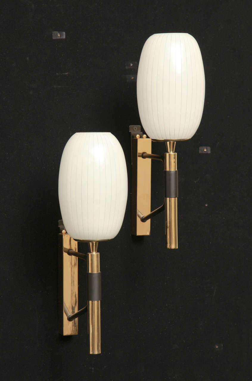 Mid-Century Modern Polished and Polychrome Brass Sconces with Glass Shades by Stilnovo