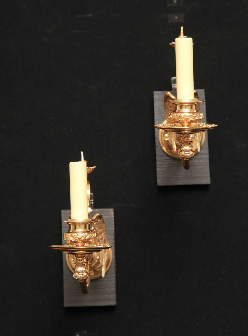 Pair of Very Fine One Light Gilt Bronze Swing Arm Sconces With Swan Decoration.