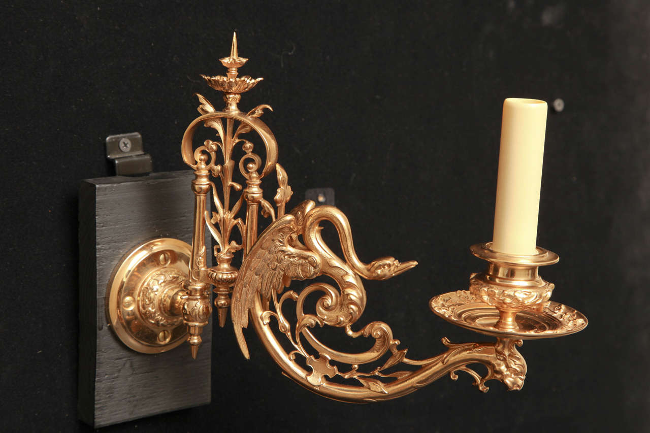 French Pair of Napoleon III Swing Arm Sconces with Swan Motif by Barbedienne For Sale