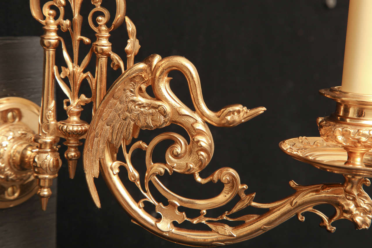 19th Century Pair of Napoleon III Swing Arm Sconces with Swan Motif by Barbedienne For Sale