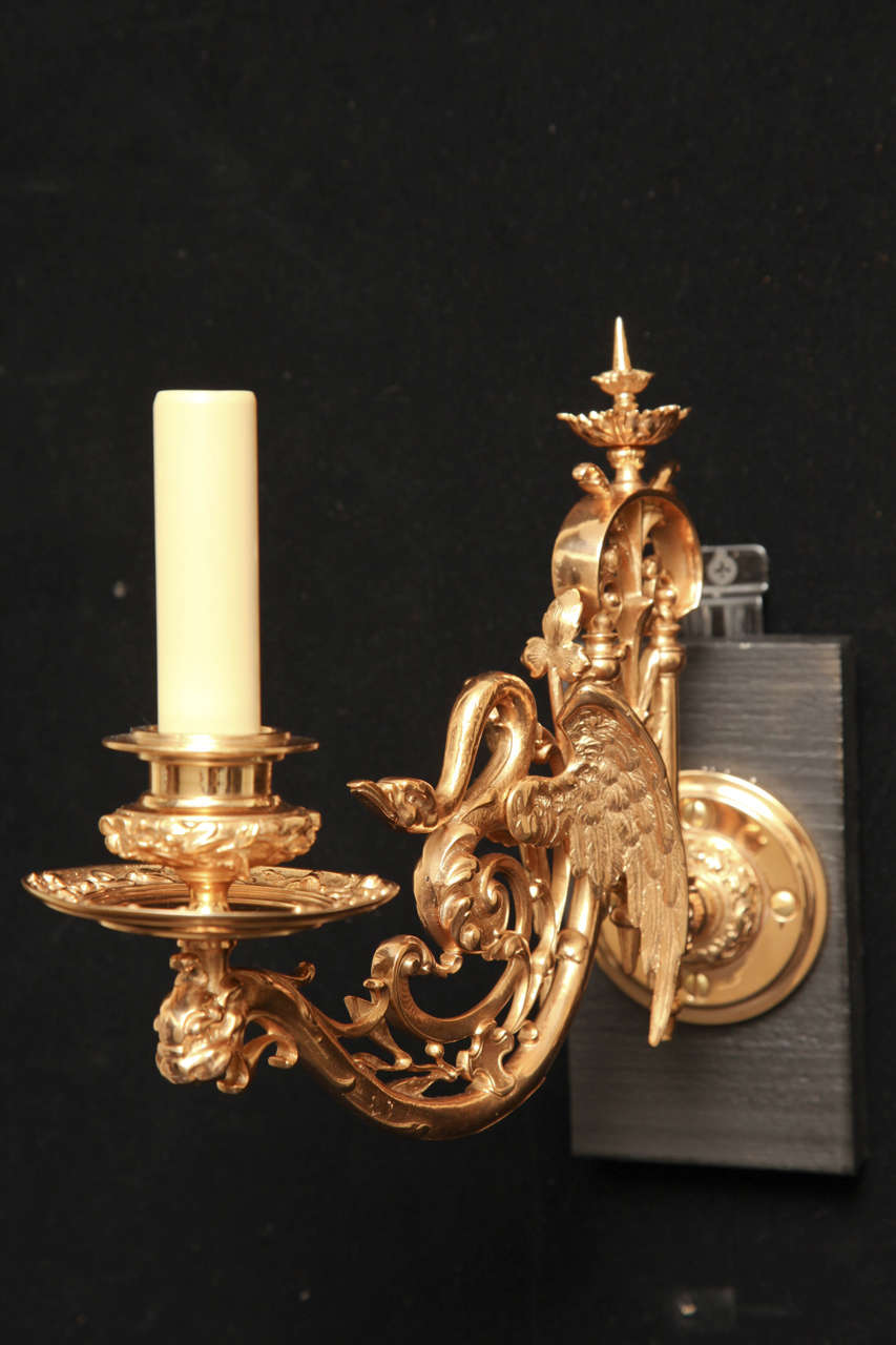 Pair of Napoleon III Swing Arm Sconces with Swan Motif by Barbedienne For Sale 3