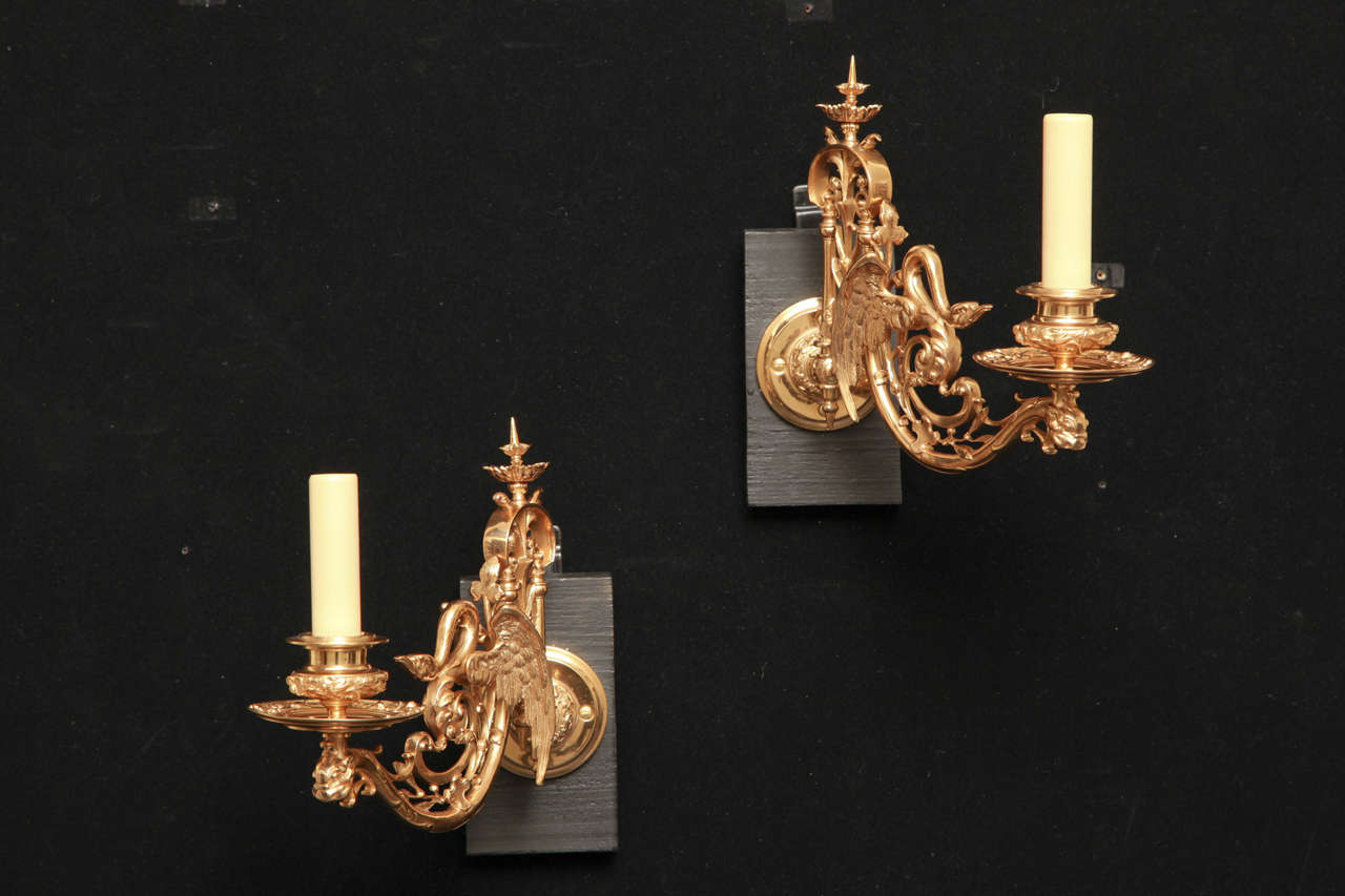 Pair of Napoleon III Swing Arm Sconces with Swan Motif by Barbedienne For Sale 5