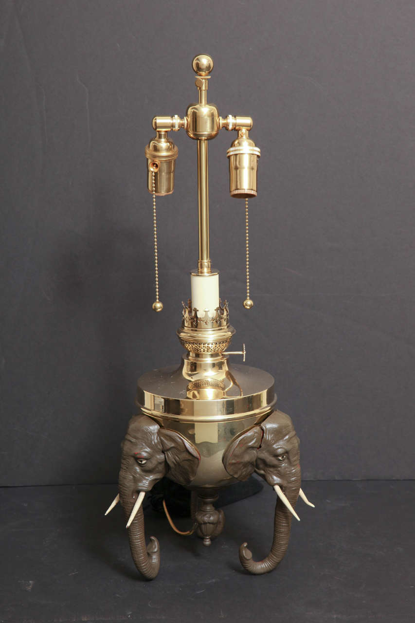 Brass and Polychrome Spelter, Elephant Motif Oil Lamp
