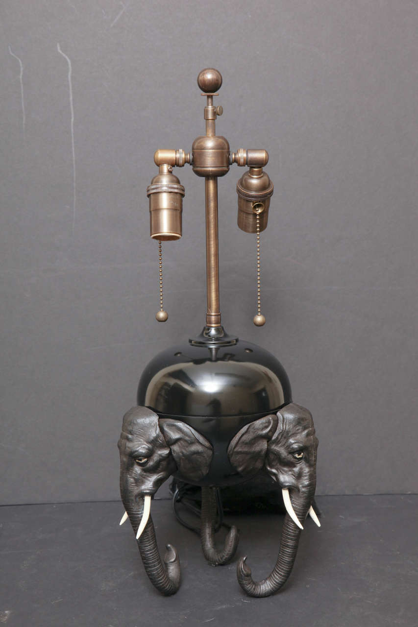 Mid-Century Modern Brass and Spelter Tripod Lamp with Elephant Moitf For Sale
