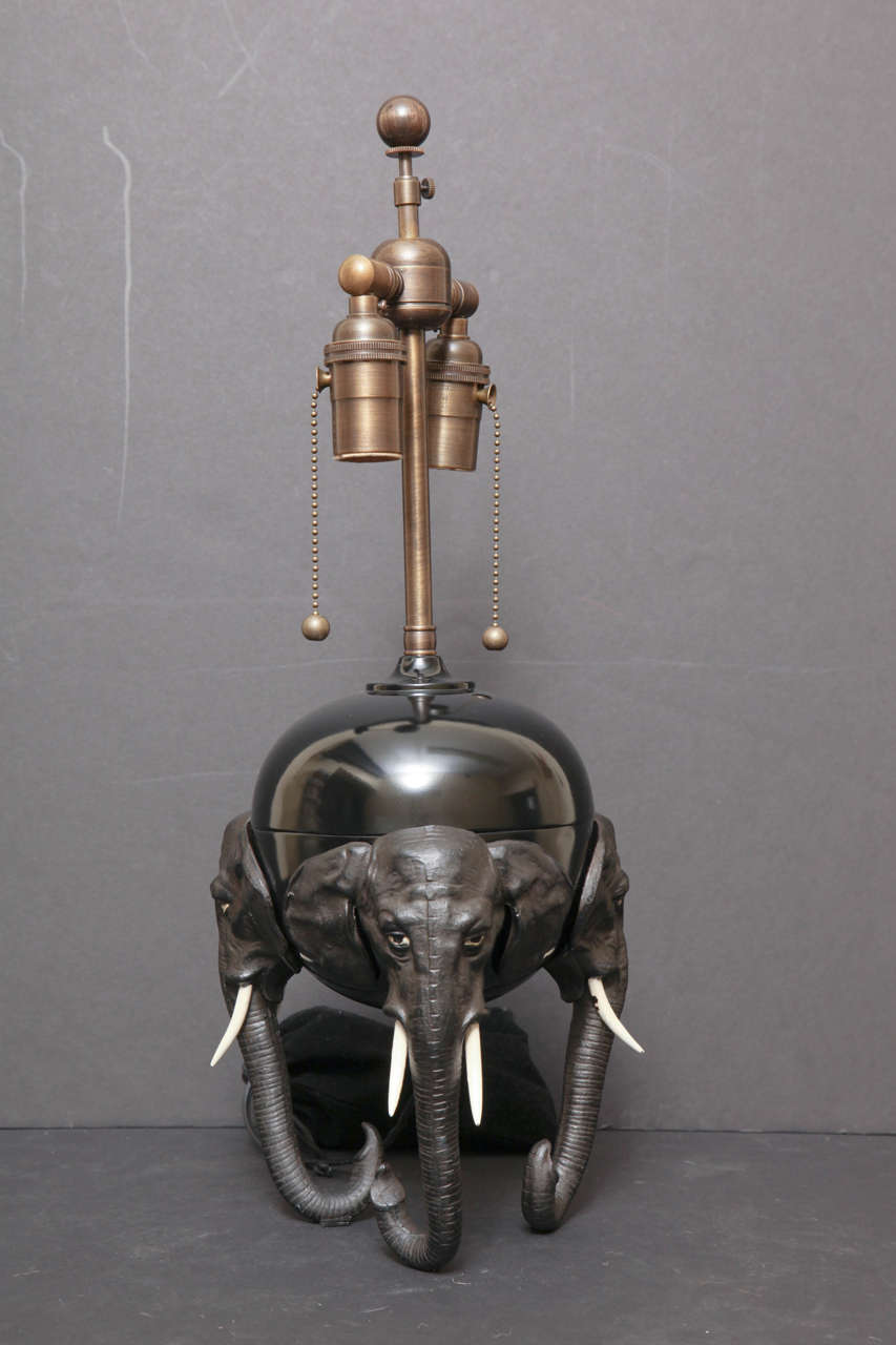 20th Century Brass and Spelter Tripod Lamp with Elephant Moitf For Sale