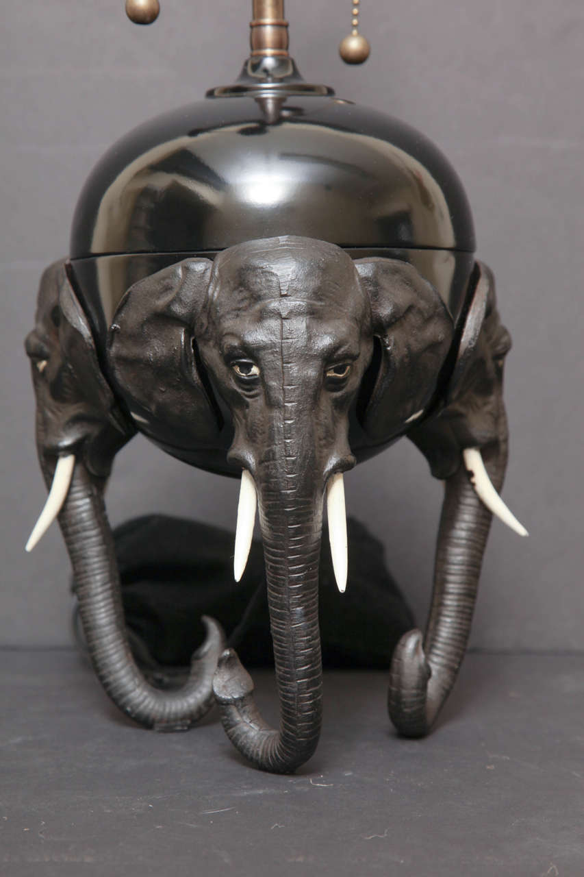 Brass and Spelter Tripod Lamp with Elephant Moitf For Sale 1