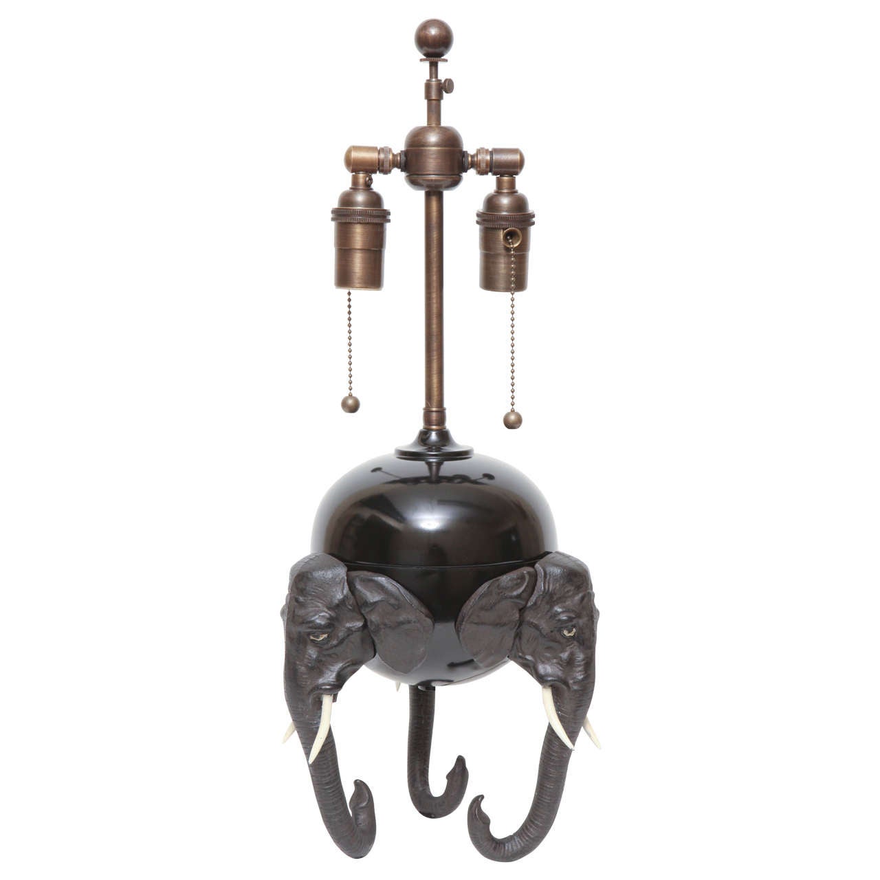 Brass and Spelter Tripod Lamp with Elephant Moitf For Sale