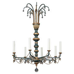 Polychrome and Giltwood, Eight-Light Chandelier with Crystal Trim