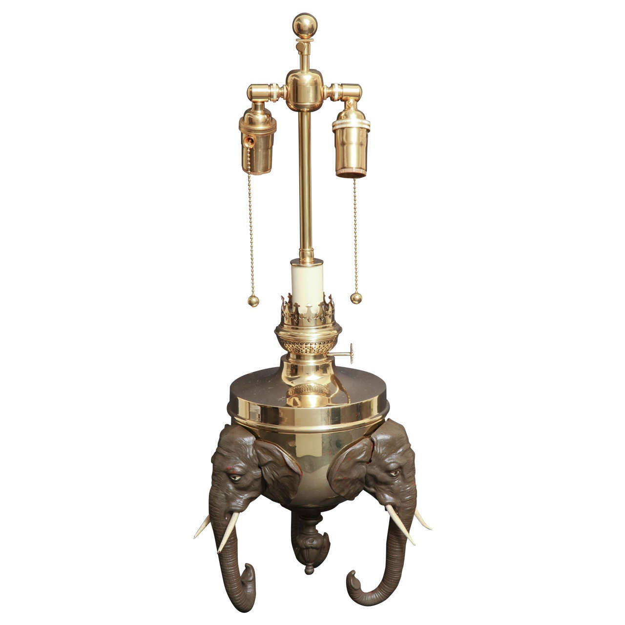 Brass and Polychrome Spelter, Elephant Motif Oil Lamp For Sale at