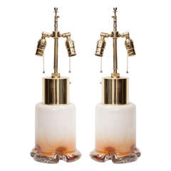 Pair of White and Amber Ombre Glass Lamps by Mazzega 12