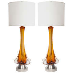 Pair of Amber Murano Glass Lamps by Seguso