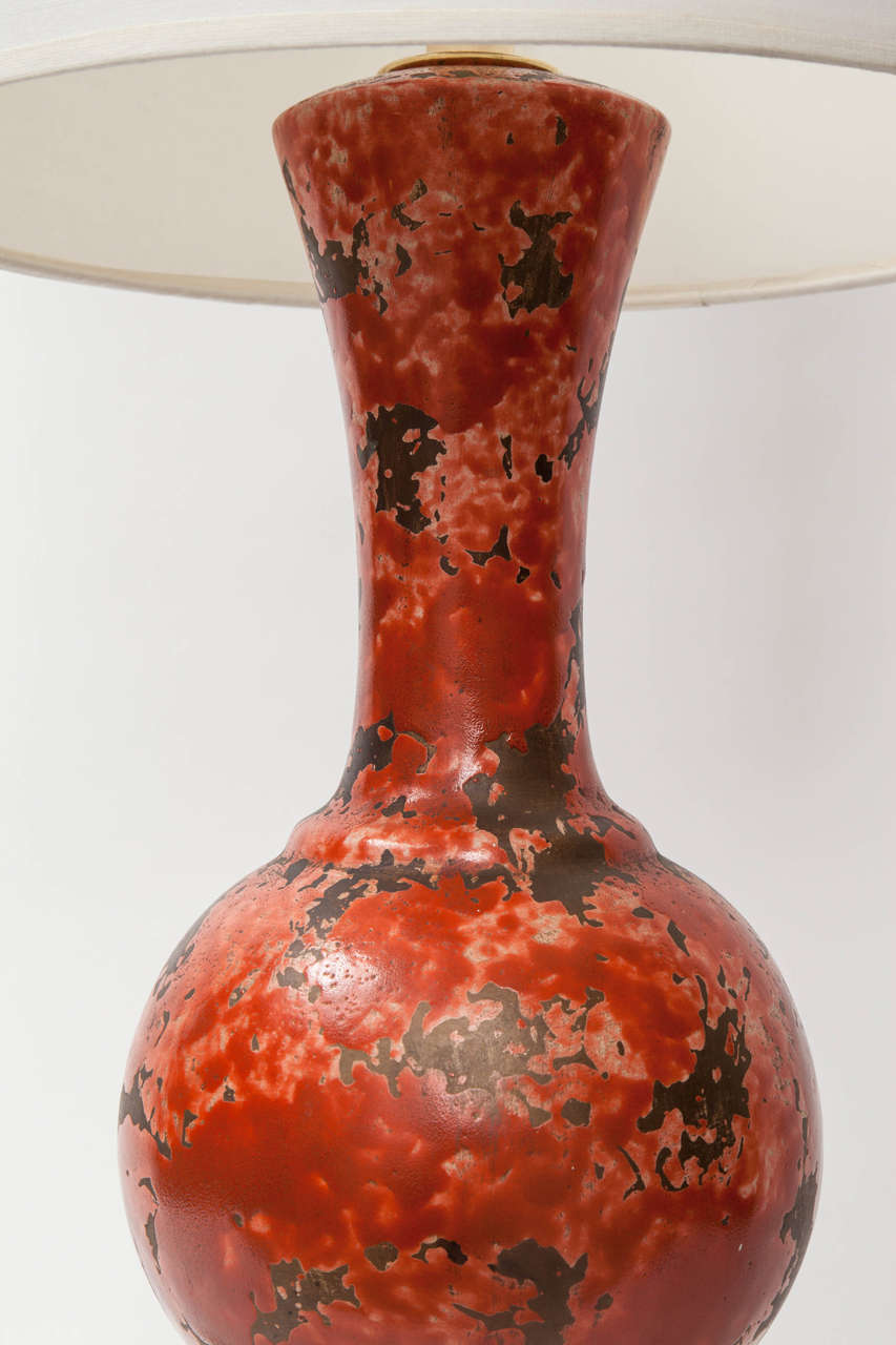 Mid-Century Modern Pair of Italian Mottled Orange Glazed Ceramic Lamps