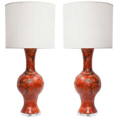 Pair of Italian Mottled Orange Glazed Ceramic Lamps