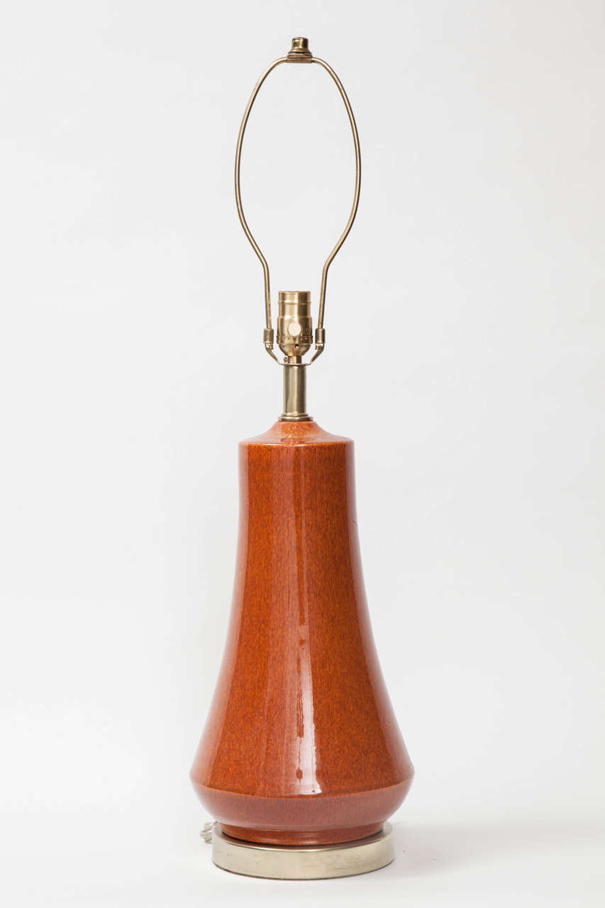 Pair of Mid-Century Orange Speckled Glazed Lamps In Excellent Condition In New York, NY