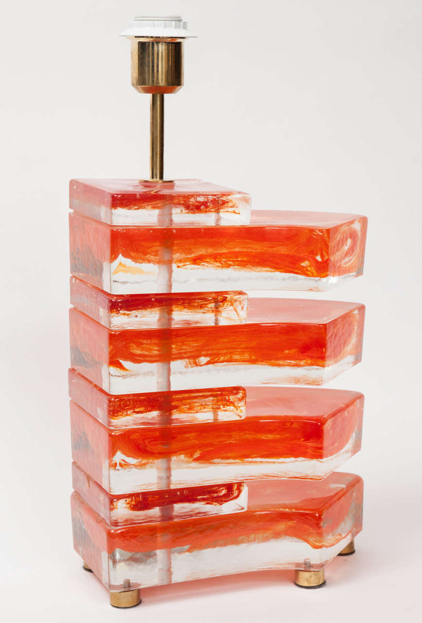 Fantastic pair of stacked clear glass slightly curved slab lamps with vibrant orange inclusions.