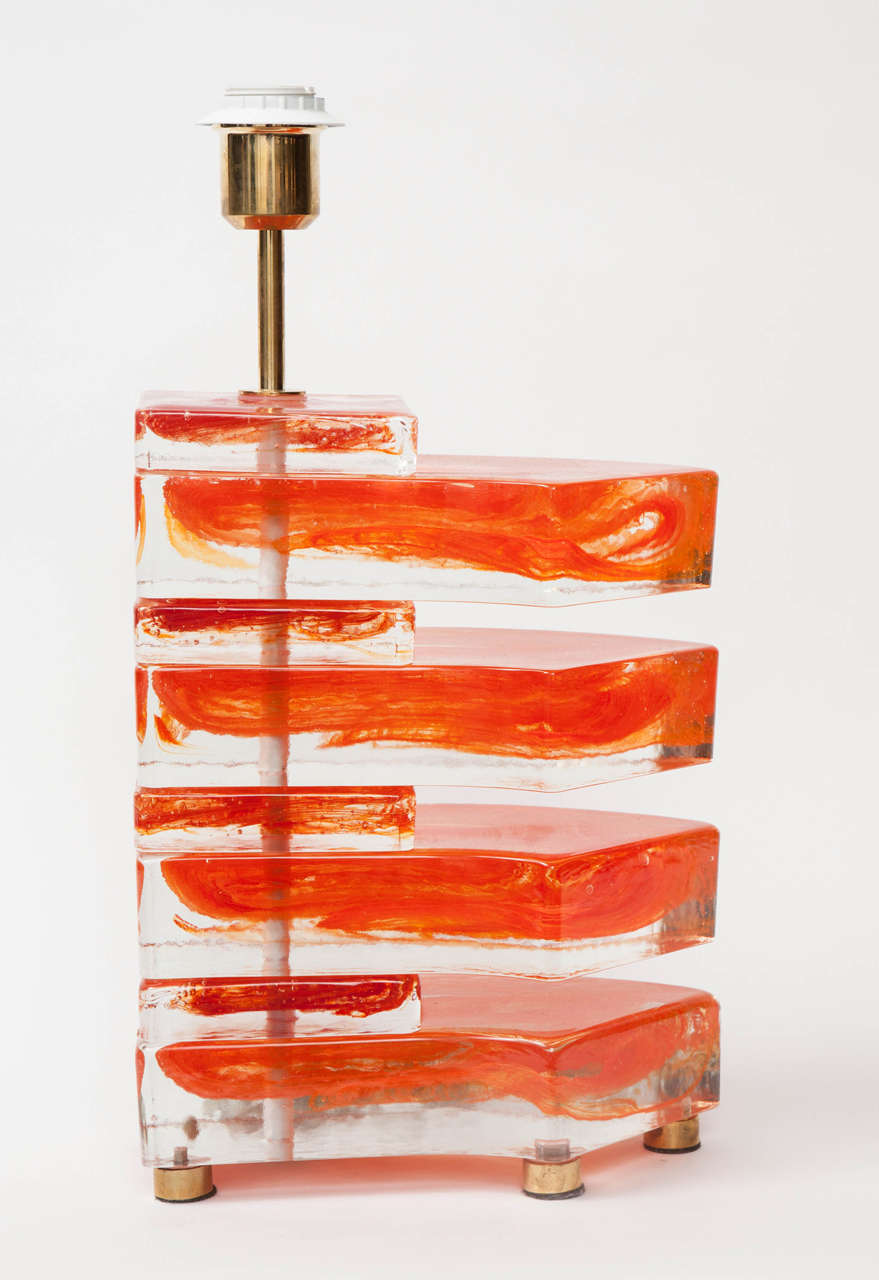20th Century Pair of Murano Glass Lamps with Orange Inclusion