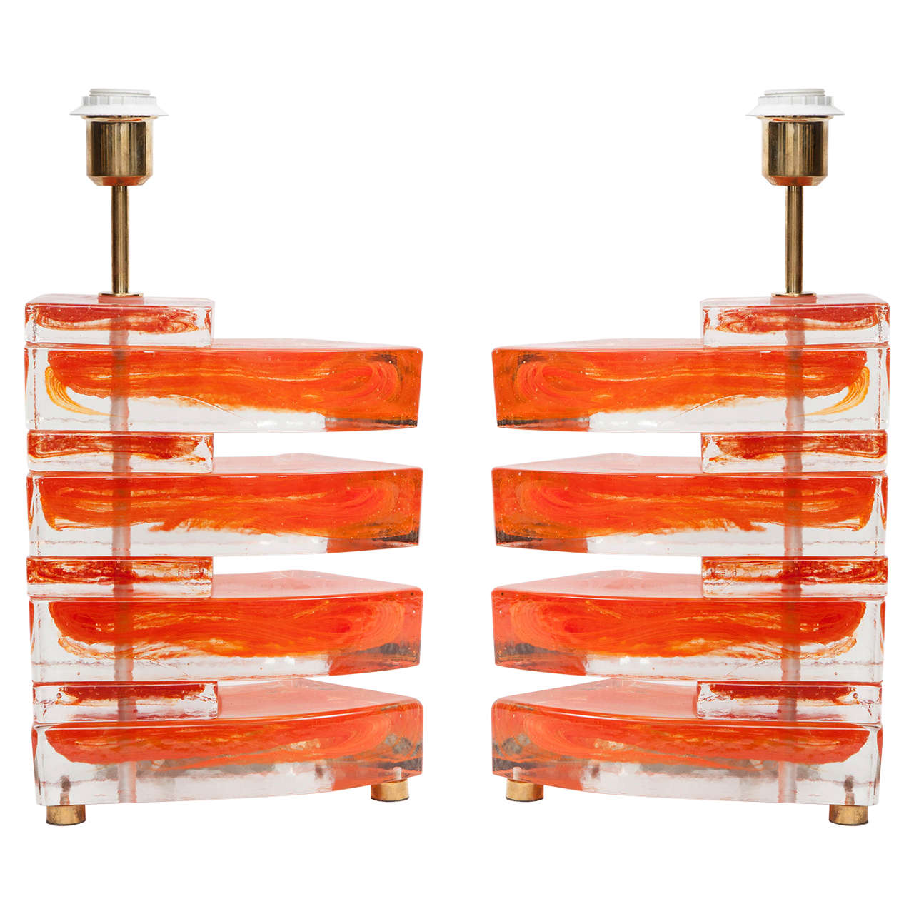Pair of Murano Glass Lamps with Orange Inclusion