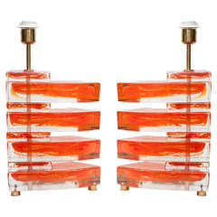 Pair of Murano Glass Lamps with Orange Inclusion