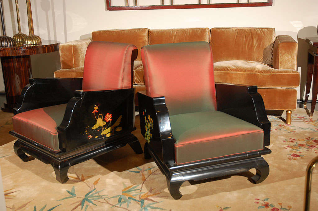 Art Deco Pair of Hand-Painted Chinoiserie Armchairs For Sale