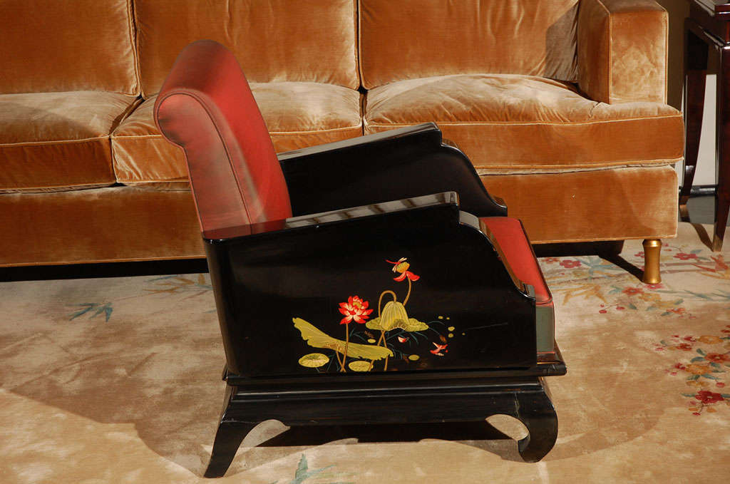 Lacquer Pair of Hand-Painted Chinoiserie Armchairs For Sale
