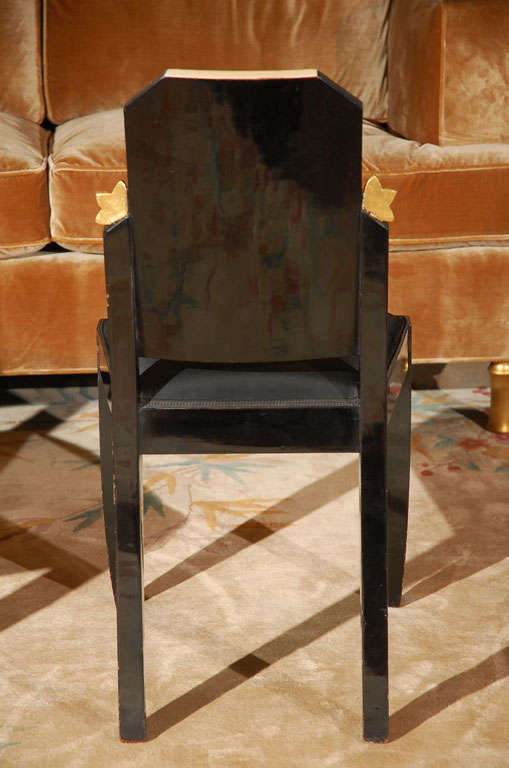 Pair of Art Deco Black Lacquer and Gold Leaf Chairs, France, circa 1920s In Fair Condition In Los Angeles, CA