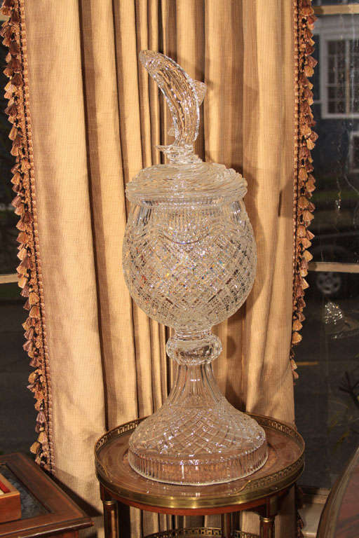 Unusual Waterford leaded crystal vase. Leaping Irish salmon lid. Signed Fred Curtis 1998