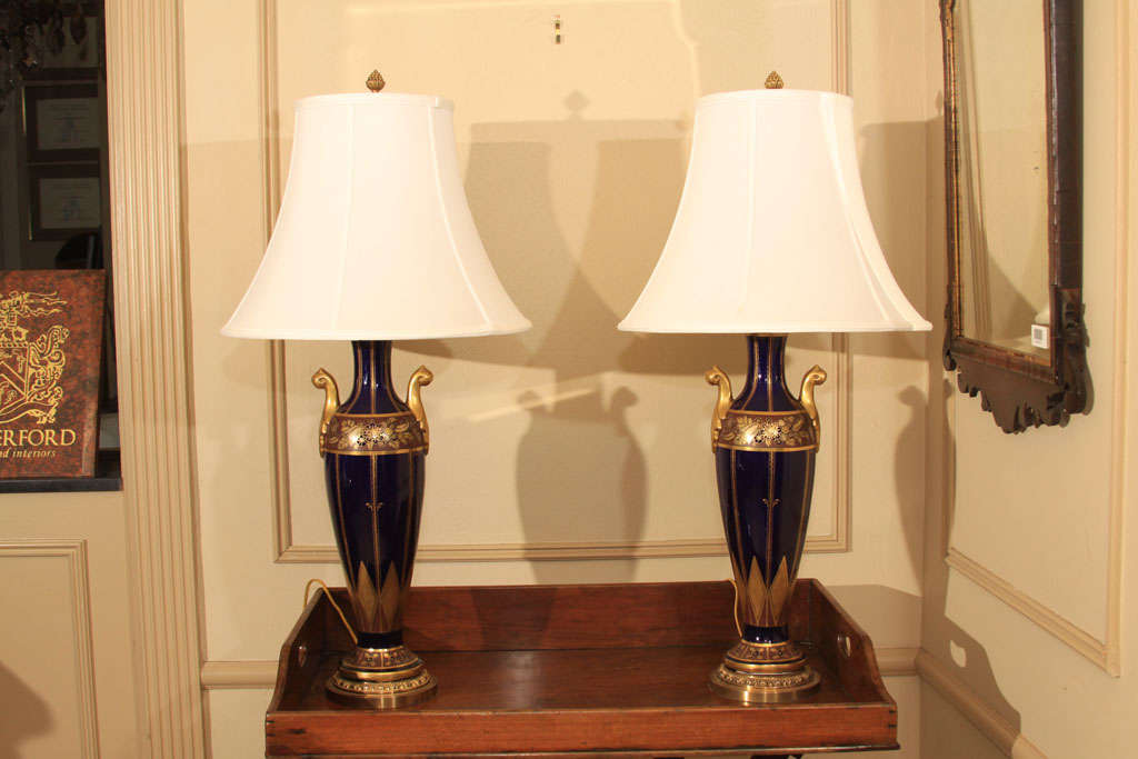 Pair of Cobalt Blue Art Nouveau lamps Signed Pinon Heuze
